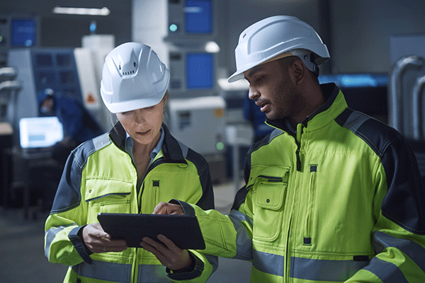 facility, two workers in hard hats